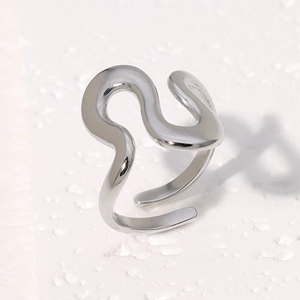 Irregular wave pattern open ring in silver finish with polished stainless steel texture