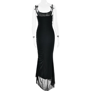 Back view of black pleated mermaid dress with sheer mesh panels and backless design