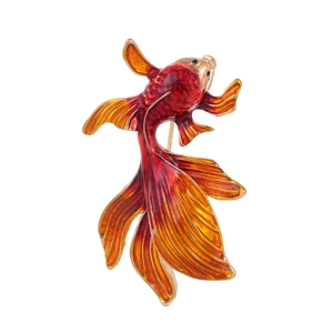 Detail of goldfish brooch with red and yellow gradient enamel and golden metal scales
