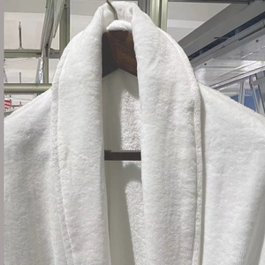 Five-star hotel white cotton bathrobe with soft velour texture and classic shawl collar