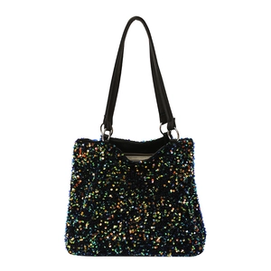 Large capacity holographic sequin tote bag with black leather straps on white background