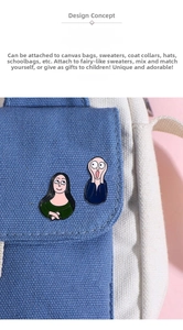 Detail of cartoon Mona Lisa and The Scream enamel pins on a canvas shoulder bag