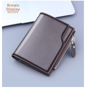 Detailed view of the brown leather wallet showing side zipper pocket and stitching