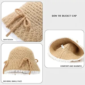 Cappello a secchiello in maglia kaki da donna con bordo in pizzo e fiocco dolce