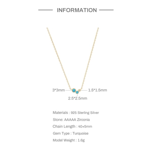 Detailed spec view of S925 silver turquoise necklace with three stones and chain dimensions