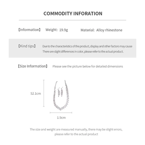 Size chart showing 52.1cm necklace length and 1.9cm earrings in alloy rhinestone