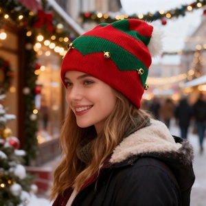 Christmas Knitted Beanie Hat Acrylic Elf Style With Bell Pom Pom Holiday Party Winter Warm For Adult