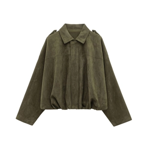 Women's dark olive green faux suede bomber jacket with classic lapels and epaulettes
