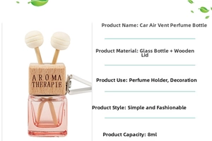 Close-up of pink glass car perfume bottle with wooden cap, 8ml capacity and vent clip