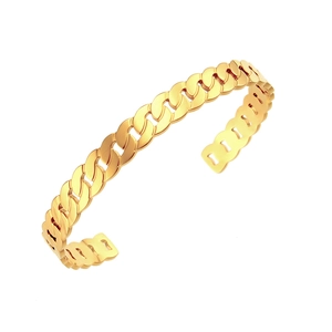 Detail of 18K gold plated Cuban link cuff bracelet with vertical striped texture
