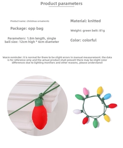 Detailed view of 1.8m colorful knitted Christmas bulb garland with size specifications