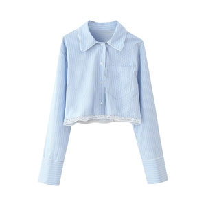 Women's light blue striped cropped long-sleeve shirt with delicate lace trim and pocket