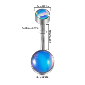 Blue glitter belly button ring size chart with 14G stainless steel curved barbell