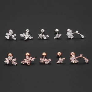 Set of 10 stainless steel flower and star tragus earrings with zircon in silver and rose gold