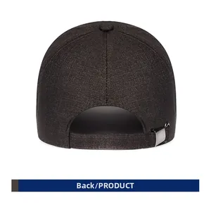 Rear view of a dark baseball cap showing precise stitching and adjustable metal buckle
