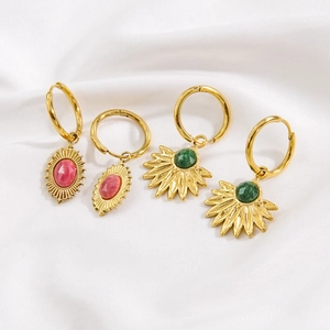 Bohemian gold plated steel earrings with pink rhodochrosite and green african jade gems