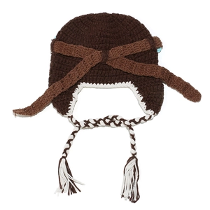 Handmade brown crochet aviator hat for babies with earflaps and white pompom tassels