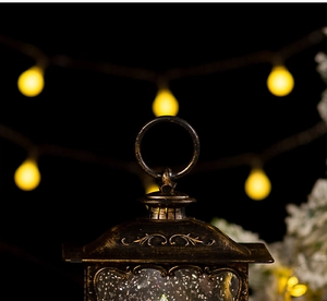 Close-up of bronze Christmas lantern top with embossed texture and metal ring handle