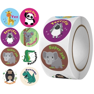 Roll of 8 assorted cartoon animal reward stickers with positive English encouragement words