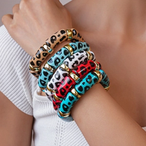 Bohemian acrylic leopard print tube bracelets with gold spacers for women stackable set