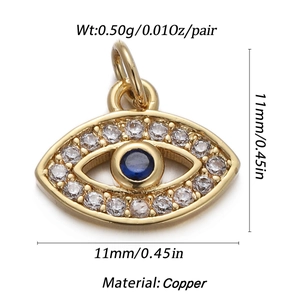 Macro view of a 11mm gold evil eye pendant with blue zircon and size parameters