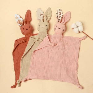Baby Muslin Cotton Security Blanket Soft Bunny Head Embroidery Animal Comforter Towel With Knotted Corners For Newborns