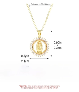 Detailed specs of a gold Virgin Mary pendant necklace with cubic zirconia inlays