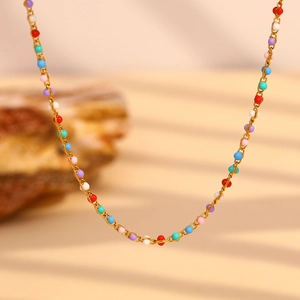 Colorful Enamel Bead Necklace Stainless Steel 18K Gold Plated Dainty Fashion Jewelry For Women