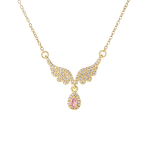 Golden angel wing necklace with pink water drop zircon and sparkling white crystals
