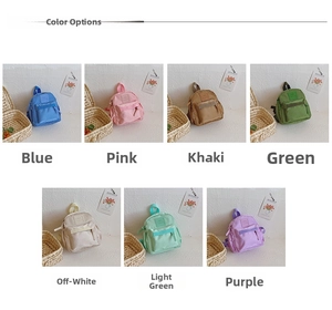 Detail display of small lightweight canvas backpacks in seven fresh assorted pastel colors