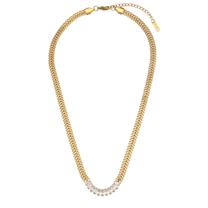 Élégant collier double chaîne cubaine dorée avec zircons cubiques taille baguette