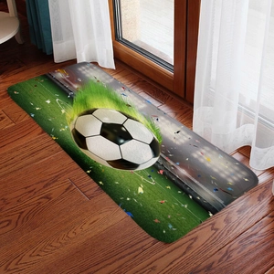 Dynamic football printed runner rug on dark wood floor in a cozy home hallway setting