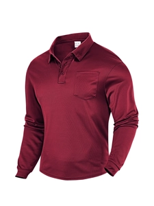 Macro detail of wine red polo shirt mesh fabric with button placket and collar