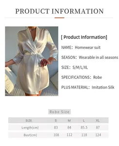 Size guide table for women's imitation silk short robe with bust and length measurements
