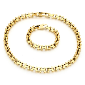 Golden bamboo link chain necklace and bracelet set for men, hip hop jewelry set