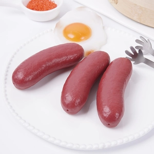 Realistic toy sausage set for pets with artificial fried egg on white breakfast plate