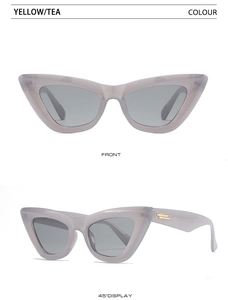 Front and 45-degree views of translucent cat eye sunglasses with gray lenses