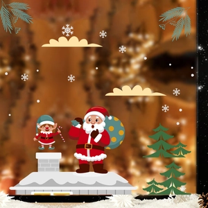 Stickers de Noël avec Père Noël, lutin et maison enneigée sur fond chaleureux festif