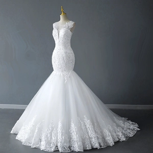 Elegant V-neck mermaid wedding dress with floral lace appliques and sequined tulle skirt