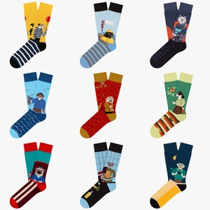 Detail grid of novelty crew socks featuring colorful jacquard dog patterns and stripes