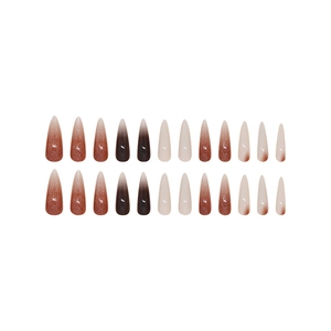 Long stiletto press-on nails set with 24 pieces in brown and black gradient glitter finish