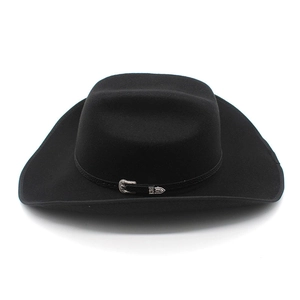Classic black Western cowboy hat with a wide upturned brim and vintage buckle band