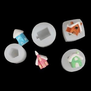 3D house silicone molds for cake toppers and candles with finished colorful cottage models