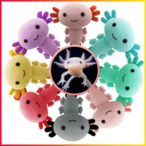 Cute plush axolotl stuffed toys in eight bright colors arranged in a circle