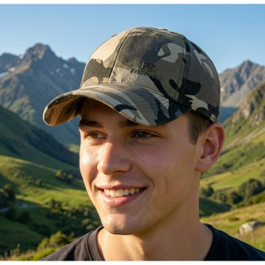 Détail de la casquette de baseball camouflage avec broderie FS FASHION en décor de montagne