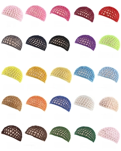 Grid display of 25 colorful handmade crochet hair nets for women on model heads