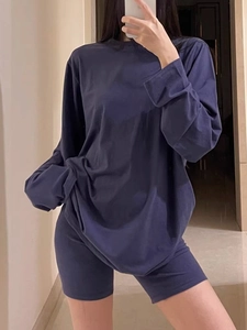 Lounge long sleeve T-shirt and cycling shorts set in navy blue soft knitted fabric