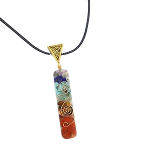 7 Chakra natural crystal stone healing pendant necklace with wire wrap and black wax cord