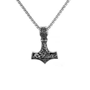 Vintage Thor's Hammer Mjolnir pendant necklace in silver stainless steel on white background