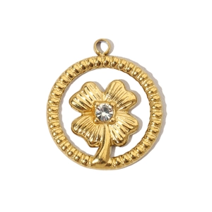 Detailed close-up of a gold-toned hollow round pendant featuring a four-leaf clover motif
